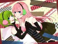Rule 34 | 2girls, :d, bad id, bad pixiv id, black gloves, black legwear, black skirt, blue eyes, earmuffs, elbow gloves, female focus, gloves, green hair, gumi, hand on another&#039;s face, hands together, happy, happy synthesizer (vocaloid), hiro satochi, long hair, looking at viewer, looking back, megurine luka, multiple girls, open mouth, parted lips, pink hair, polka dot, polka dot clothes, round teeth, short hair, skirt, smile, striped legwear, symmetrical hand pose, teeth, thighhighs, vest, vocaloid, yuri