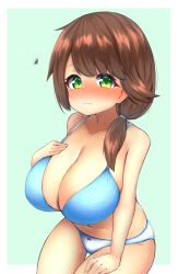 Rule 34 | 1girl, ?, arm support, bare shoulders, blue bra, blue panties, blue skirt, blush, border, bow, bow panties, bra, breasts, brown hair, button gap, cleavage, closed mouth, collarbone, cowboy shot, curvy, embarrassed, frown, full-face blush, green background, green eyes, hand on own chest, hand on own thigh, highres, huge breasts, looking at viewer, medium hair, navel, original, outside border, panties, ponytail, shortstack, simple background, skirt, solo, strap, sweat, swept bangs, tearing up, tears, thigh gap, underwear, underwear only, watari1118, wide hips