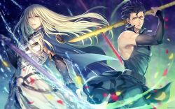 Rule 34 | 2boys, armor, black hair, black sleeves, blonde hair, blue cape, blue eyes, breastplate, cape, detached sleeves, dual wielding, fate/grand order, fate (series), fionn mac cumhaill (fate/grand order), floating hair, hagino kouta, hair between eyes, highres, holding, holding spear, holding weapon, diarmuid ua duibhne (lancer) (fate), long hair, long sleeves, looking at viewer, male focus, multiple boys, parted lips, polearm, spear, standing, very long hair, weapon, yellow eyes