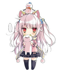 Rule 34 | ..., 1girl, :3, alternate eye color, animal, animal ears, animal print, bad id, bad pixiv id, black skirt, black thighhighs, blue bow, blunt bangs, bow, cat, cat ears, cat hair ornament, cat print, chibi, covered mouth, eyebrows, frilled skirt, frills, full body, fur trim, hair bow, hair ornament, holding, holding animal, long hair, long sleeves, masushita, miniskirt, neko atsume, no feet, no shoes, object on head, original, personification, pink hair, pom pom (clothes), red eyes, scarf, silver hair, simple background, skirt, smile, snowman, solo, spoken ellipsis, standing, striped clothes, striped scarf, thighhighs, two side up, very long hair, white background, winter clothes, yellow scarf, yukineko-san, zettai ryouiki