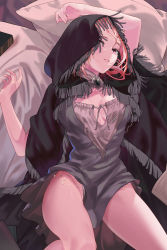 Rule 34 | 1girl, bed sheet, black cape, breasts, brooch, cape, cleavage, dress, elden ring, fia the deathbed companion, fringe trim, from above, glint, grey dress, highres, hood, hood up, hooded cape, jewelry, knee up, looking at viewer, looking up, lying, medium breasts, on back, on bed, parted lips, peach luo, pillow, purple eyes, red hair, short hair, smile, solo, thighs