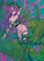 Rule 34 | 1girl, bad id, bad pixiv id, breasts, claws, dragon poker, extra eyes, extra mouth, hair between eyes, highres, hkch mch, insu ruai, long hair, monster girl, nude, purple hair, solo, tattoo, teeth, tentacles, very long hair, yellow eyes