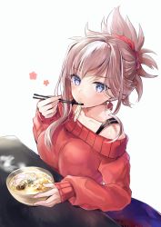 Rule 34 | 1girl, absurdres, bare shoulders, blue eyes, blush, bowl, breasts, chopsticks, collarbone, earrings, eating, fate/grand order, fate (series), food, hane yuki, highres, jewelry, large breasts, long hair, long sleeves, looking at viewer, miyamoto musashi (fate), noodles, off-shoulder sweater, off shoulder, pink hair, ponytail, red sweater, simple background, sweater, swept bangs, udon, white background