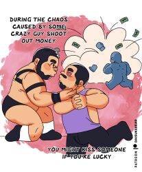 Rule 34 | 3boys, absurdres, banknote, bara, beard, bulge, chest harness, daisukebear, deformed, english text, facial hair, falling money, from side, full beard, goatee, harness, heart, heart-shaped pupils, highres, imminent kiss, interlocked fingers, male focus, money, multiple boys, muscular, muscular male, nightclub, original, own hands together, pants, profile, puckered lips, running, shirt, short hair, sideburns stubble, sleeveless, sleeveless shirt, socks, standing, stubble, symbol-shaped pupils, thick eyebrows, yaoi