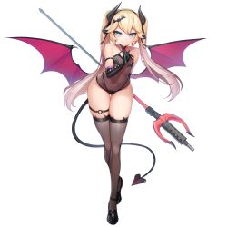 Rule 34 | 1girl, black gloves, black thighhighs, blonde hair, blue eyes, blush, bumcha, demon girl, demon horns, demon tail, demon wings, elbow gloves, flat chest, full body, game cg, gloves, highres, horns, last origin, legs, leotard, long hair, long legs, looking at viewer, mary janes, navel, official art, polearm, see-through, shoes, skindentation, smile, solo, tachi-e, tail, thetis (last origin), thigh gap, thighhighs, thighs, transparent background, trident, twintails, weapon, wings