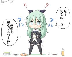 Rule 34 | 1girl, ?, black ribbon, black serafuku, black skirt, black thighhighs, bottle, candy, cellphone, chibi, commentary request, detached sleeves, failure penguin, food, full body, goma (yoku yatta hou jane), green eyes, green hair, hair between eyes, hair ornament, hair ribbon, hairclip, kantai collection, long hair, neckerchief, one-hour drawing challenge, open mouth, parted bangs, phone, pleated skirt, ponytail, ribbon, school uniform, serafuku, sidelocks, simple background, skirt, standing, tears, thighhighs, translation request, white background, yamakaze (kancolle)