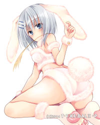 Rule 34 | 1girl, 2014, animal ears, arm strap, ass, bare shoulders, blue eyes, breasts, choker, crop top, date a live, fake animal ears, fake tail, fur trim, hair between eyes, hair ornament, hairclip, head tilt, hibiki mio, kneeling, long hair, looking at viewer, looking back, medium breasts, midriff, mouth hold, paw shoes, rabbit ears, rabbit tail, shoes, short shorts, shorts, sideboob, silver hair, simple background, solo, strapless, tail, tobiichi origami, white background, white legwear, white shorts, wrist cuffs