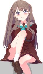 Rule 34 | 1girl, aqua neckerchief, arm support, blush, breasts, brown dress, brown footwear, brown hair, closed mouth, dress, foot out of frame, fujishima megumi, hasu no sora school uniform, highres, leg up, link! like! love live!, loafers, long hair, long sleeves, looking at viewer, love live!, medium breasts, medium dress, neckerchief, pleated dress, purple eyes, sailor collar, sailor dress, school uniform, shirosaki (nanokait), shoes, simple background, sitting, smile, socks, thighs, two side up, virtual youtuber, white sailor collar, white socks, winter uniform