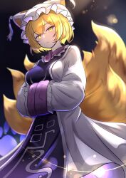 Rule 34 | 1girl, absurdres, blonde hair, closed mouth, commentary, dress, fox girl, fox tail, hands in opposite sleeves, hat, highres, looking at viewer, mob cap, multiple girls, rinkaito1231, short hair, solo, symbol-only commentary, tabard, tail, touhou, white dress, white hat, yakumo ran, yellow eyes