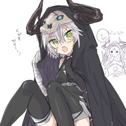 Rule 34 | 1girl, bandaged arm, bandages, boots, cosplay, fate/apocrypha, fate/grand order, fate (series), feet out of frame, fuyubi (fyhx), green eyes, holding, holding clothes, horns, jack the ripper (fate/apocrypha), japanese text, king hassan (fate), king hassan (fate) (cosplay), looking at viewer, mask, open mouth, scar, scar on face, short hair, simple background, sitting, skull mask, solo, solo focus, thigh boots, white background, white hair