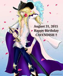 Rule 34 | 1boy, blonde hair, cavendish, flower, gradient background, hat, highres, male focus, mouth hold, one piece, rose, solo, sword, weapon