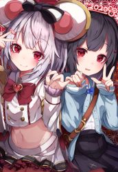 Rule 34 | 2020, 2girls, animal ears, bag, black bow, black hair, black skirt, blue cardigan, blue neckwear, blue sailor collar, bow, bowtie, brooch, cardigan, character request, chinese zodiac, closed mouth, collared shirt, commentary request, granblue fantasy, grey hair, hair bow, hair ornament, hairclip, hands up, heart, heart brooch, highres, jewelry, long sleeves, midriff, mouse ears, multiple girls, navel, open cardigan, open clothes, parted lips, pleated skirt, rai (sakuranbo sugar), red bow, red eyes, sailor collar, school uniform, serafuku, shirt, shoulder bag, skirt, sleeves past wrists, smile, striped, striped bow, vikala (granblue fantasy), white shirt, white skirt, year of the rat