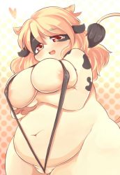 Rule 34 | 1girl, akitaka (mcdonnell-douglas), animal ears, blonde hair, blush, breasts, cow ears, cow tail, furry, furry female, horns, large breasts, long hair, mcdonnell-douglas, nipples, plump, red eyes, smile, solo, swimsuit, tail