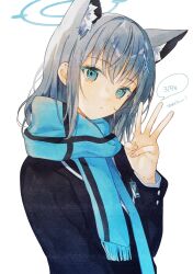 Rule 34 | 1girl, anniversary, black jacket, blue archive, blue eyes, blue halo, blue scarf, grey hair, halo, hand up, highres, jacket, long sleeves, looking at viewer, middle w, mismatched pupils, naoton, scarf, shiroko (blue archive), shirt, short hair, simple background, solo, upper body, w, white background, white shirt