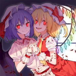 Rule 34 | 2girls, arm around waist, bat wings, black wings, blonde hair, blue hair, bow, closed mouth, crystal, fang, fang out, fangs, fingernails, flandre scarlet, hair between eyes, hat, hat bow, hat ribbon, holding hands, interlocked fingers, long hair, looking at viewer, mob cap, multiple girls, nail polish, necktie, open mouth, pink skirt, puffy short sleeves, puffy sleeves, purple shirt, red bow, red eyes, red nails, red ribbon, red skirt, red vest, remilia scarlet, ribbon, ryuuno6, shirt, short sleeves, siblings, sisters, skin fang, skirt, skirt set, smile, touhou, vest, white hat, window, wings, wrist cuffs, yellow neckwear