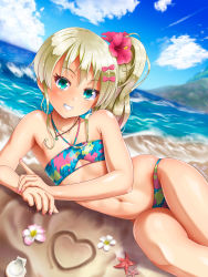 Rule 34 | 1girl, beach, bikini, blonde hair, blue bikini, blue sky, cloud, commentary request, day, dutch angle, flat chest, grecale (kancolle), green eyes, grin, heart, highres, kantai collection, long hair, looking at viewer, lying, mahiro usagi, official alternate costume, on side, outdoors, side ponytail, sky, smile, solo, swimsuit, waves, wavy hair