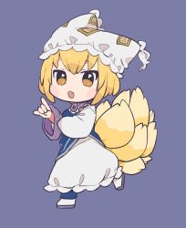 Rule 34 | 1girl, :d, animal ears, blonde hair, blue background, blue tabard, blush, chibi, citrus (place), commentary request, dress, fang, fox ears, fox shadow puppet, fox tail, full body, hand up, hat, kitsune, looking at viewer, mob cap, multiple tails, open mouth, running, short hair, simple background, smile, solo, tabard, tail, touhou, white dress, yakumo ran, yellow eyes