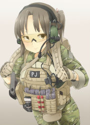 Rule 34 | 1girl, assault rifle, ayyh, backpack, bad id, bad pixiv id, bag, brown eyes, brown hair, camouflage, glasses, gloves, gradient background, gun, gun sling, headset, highres, light smile, load bearing vest, m4 carbine, magazine (weapon), military, military uniform, original, radio, rifle, short hair, short ponytail, soldier, solo, uniform, weapon