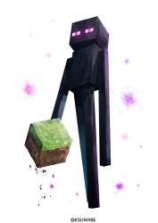 Rule 34 | block (object), commentary, dirt, enderman, full body, glowing, glowing eyes, grass, holding, k-suwabe, long legs, minecraft, purple eyes, simple background, solo, standing, twitter username, white background
