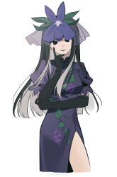 Rule 34 | 1girl, absurdres, black gloves, black hair, breasts, china dress, chinese clothes, cowboy shot, dress, elbow gloves, flower, flower on head, fruit print, gloves, grape print, highres, kiliko-san, leaf print, long hair, looking at viewer, medium breasts, puffy short sleeves, puffy sleeves, purple dress, short sleeves, smile, solo, touhou, unfinished dream of all living ghost, white background, yomotsu hisami