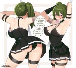 Rule 34 | 1girl, arm strap, armpits, arms up, artist name, ass, bare shoulders, black dress, breasts, choker, commentary, condom, condom in mouth, covered erect nipples, dress, english commentary, green hair, grin, hair between eyes, large breasts, long hair, looking at viewer, mouth hold, panties, patreon username, purple eyes, rezodwel, side ponytail, simple background, smile, solo, sousou no frieren, striped clothes, striped panties, ubel (sousou no frieren), underwear, watermark, web address, white background