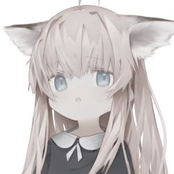 Rule 34 | 1girl, ahoge, animal ear fluff, animal ears, bad id, bad twitter id, black shirt, blue eyes, brown hair, collared shirt, commentary request, hair between eyes, highres, long hair, looking at viewer, original, parted lips, shirt, simple background, solo, tou toutou, upper body, white background