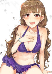 Rule 34 | 1girl, absurdres, bikini, blush, bracelet, breasts, brown hair, cleavage, frilled bikini, frills, hair ornament, highres, idolmaster, idolmaster cinderella girls, jewelry, kamiya nao, large breasts, long hair, looking at viewer, navel, open mouth, red eyes, smile, solo, swimsuit, thick eyebrows, tuxedo de cat, twintails