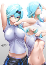 Rule 34 | 1girl, alternate costume, areola slip, armpits, arms up, between breasts, blue hair, breasts, breasts apart, casual, closed eyes, closed mouth, clothes between breasts, clothes lift, collarbone, covered erect nipples, cowboy shot, dated, duplicate, eula (genshin impact), genshin impact, gradient background, grey background, groin, hair between eyes, hair intakes, hairband, highres, large breasts, long hair, looking at viewer, lowleg, lowleg pants, midriff peek, multiple views, navel, no bra, open mouth, pants, profile, projected inset, royboy, shirt, shirt lift, short sleeves, signature, stomach, sweatpants, tsurime, underboob, white background, yellow eyes