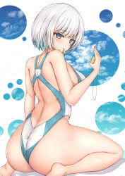 Rule 34 | 1girl, ass, barefoot, blue eyes, blue sky, breasts, cloud, commentary request, competition swimsuit, from behind, highres, looking at viewer, looking back, medium breasts, mouth hold, one-piece swimsuit, original, ryakusun, short hair, silver hair, sitting, sky, solo, stopwatch, swimsuit, two-tone swimsuit, wariza, watch, whistle, white background