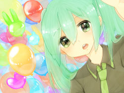 Rule 34 | 1girl, bad id, bad pixiv id, balloon, close-up, dutch angle, eye focus, eye reflection, green eyes, green hair, hatsune miku, looking at viewer, matching hair/eyes, mumiri, necktie, open mouth, reflection, solo, translucent hair, twintails, vocaloid