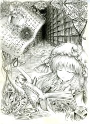 Rule 34 | 1girl, book, bookshelf, brooch, crescent moon, crystal, closed eyes, female focus, flower, graphite (medium), hat, hat ribbon, hiddenn, jewelry, library, light smile, lily (flower), magic circle, monochrome, moon, paper, patchouli knowledge, ribbon, solo, touhou, traditional media, voile