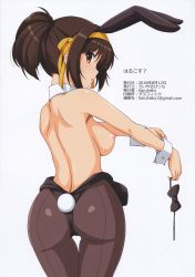 Rule 34 | 1girl, absurdres, animal ears, artist name, ass, back, bare shoulders, black leotard, blush, breasts, brown eyes, brown hair, detached collar, fake animal ears, from behind, hairband, haruhisky, highres, leotard, looking at viewer, medium breasts, medium hair, nipples, pantyhose, playboy bunny, rabbit ears, rabbit tail, scan, shiny clothes, shiny skin, simple background, solo, strapless, strapless leotard, suzumiya haruhi, suzumiya haruhi no yuuutsu, tail, thigh gap, topless, wrist cuffs, yellow hairband