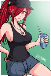 Rule 34 | 1girl, alternate costume, alternate hairstyle, baseball cap, breasts, cross, cross necklace, cutoffs, drink, drinking straw, green background, hair over one eye, hamu agaki, hand on own hip, hat, highres, jewelry, large breasts, long hair, looking at viewer, necklace, parasoul (skullgirls), parted lips, ponytail, red hair, shorts, sideboob, skullgirls, solo, tank top, yellow eyes, yellow nails