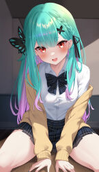 Rule 34 | 1girl, butterfly-shaped pupils, butterfly hair ornament, green hair, hair ornament, highres, hololive, kurono yuzuko, long hair, looking at viewer, multicolored hair, open mouth, orange eyes, school uniform, sitting, smile, solo, symbol-shaped pupils, two-tone hair, uruha rushia, virtual youtuber