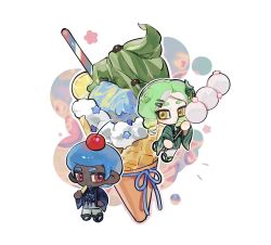 Rule 34 | 1boy, 1girl, afro, blue hair, cherry, chibi, chibi only, commentary request, dark-skinned male, dark skin, food, food on head, fruit, green hair, green kimono, highres, holding, holding food, ice cream, ice cream cone, japanese clothes, kimono, matcha (food), nintendo, object on head, octoling, octoling boy, octoling girl, octoling player character, red eyes, rongyu1029, sandals, simple background, splatoon (series), splatoon 3, standing, white background, yellow eyes, zouri