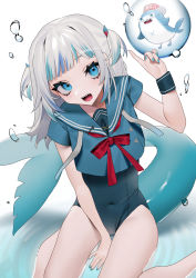 Rule 34 | 1girl, bebe (bebe pp), bloop (gawr gura), blue eyes, blue hair, blue one-piece swimsuit, blue serafuku, blunt bangs, covered navel, fins, fish tail, gawr gura, hair ornament, highres, hololive, hololive english, looking at viewer, medium hair, multicolored hair, neck ribbon, one-piece swimsuit, open mouth, partially submerged, ribbon, school swimsuit, school uniform, serafuku, shared clothes, shark girl, shark hair ornament, shark tail, sharp teeth, short sleeves, short twintails, solo, streaked hair, swimsuit, swimsuit under clothes, tail, teeth, twintails, two-tone hair, virtual youtuber, water, water drop, white hair, wristband