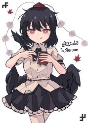Rule 34 | + +, 1girl, :q, bird wings, black feathers, black hair, black skirt, black wings, closed mouth, collared shirt, commentary, d ink0, feathers, frilled skirt, frills, hat, highres, holding, holding notebook, looking at viewer, notebook, pom pom (clothes), red eyes, red hat, shameimaru aya, shirt, short hair, short sleeves, simple background, skirt, solo, thighhighs, tokin hat, tongue, tongue out, touhou, twitter username, white background, white shirt, white thighhighs, wings