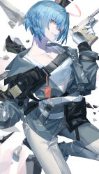 Rule 34 | 1girl, arknights, blazpu, feet out of frame, gloves, grey jacket, gun, halo, highres, holding, holding gun, holding weapon, jacket, long sleeves, looking at viewer, open clothes, open jacket, pants, pouch, shirt, short hair, simple background, smile, solo, spuria (arknights), weapon, weapon request, white background, white gloves, white pants, white shirt, wings, yellow eyes