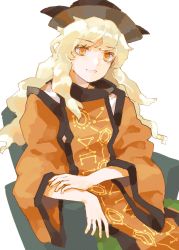 Rule 34 | 1girl, :d, black hat, blonde hair, flat chest, hat, highres, light smile, long hair, looking at viewer, matara okina, open mouth, simple background, sitting, smile, solo, tabard, touhou, wasabisuke, white background, wide sleeves