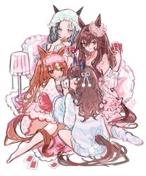 4girls absurdres alternate_costume alternate_hairstyle animal_ears breasts brown_hair card commentary_request daring_tact_(umamusume) full_body gentildonna_(umamusume) hair_between_eyes hair_ornament highres horse_girl kumo_(mokumoku_warabi) lamp looking_at_viewer mejiro_ramonu_(umamusume) multiple_girls pajamas red_eyes simple_background sitting smile socks still_in_love_(umamusume) umamusume white_background