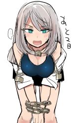 Rule 34 | ..., 1girl, :d, azu (azu401), bdsm, bent over, blue eyes, blush, bondage, bound, breasts, chain, cleavage, grey hair, highres, looking at viewer, one-piece swimsuit, open mouth, simple background, smile, solo, spoken ellipsis, sweatdrop, swimsuit, tejina senpai, tejina senpai (series), translated, white background