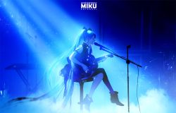 Rule 34 | 1girl, absurdly long hair, ajimita, blue theme, boots, cable, character name, crossed legs, dated, drum, english text, from side, guitar, hatsune miku, headphones, instrument, light rays, long hair, microphone, music, piano, playing instrument, singing, sitting, smoke, solo, twintails, very long hair, vocaloid