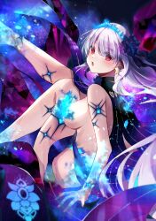 Rule 34 | 1girl, absurdres, anklet, bare shoulders, blue fire, blue hair, blush, body markings, bracelet, breasts, colored inner hair, earrings, fate/grand order, fate (series), fire, flower, hair flower, hair ornament, hair ribbon, highres, jewelry, kama (fate), kama (swimsuit avenger) (fate), kama (swimsuit avenger) (third ascension) (fate), large breasts, long hair, looking at viewer, lotus, misaki346, multicolored hair, open mouth, red eyes, revealing clothes, ribbon, sideboob, solo, star (symbol), star earrings, thighs, two-tone hair, white hair