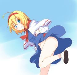 Rule 34 | 1girl, alice margatroid, amashi (qcmrq906), ass, bad id, bad twitter id, bare legs, blonde hair, blue dress, blue eyes, bottomless, capelet, dress, hairband, long sleeves, navel, no panties, puffy long sleeves, puffy sleeves, sash, scarf, shoes, short hair, sky, socks, solo, touhou, upskirt, wind, wind lift