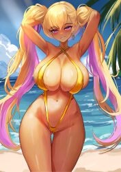 Rule 34 | 1girl, absurdres, alternate hairstyle, armpits, arms behind head, arms up, beach, blonde hair, blue sky, boryeon (last origin), breasts, cameltoe, cleavage, cloud, colored inner hair, cowboy shot, criss-cross halter, earrings, gluteal fold, hair between eyes, halterneck, highres, huge breasts, jewelry, korean commentary, last origin, long hair, looking at viewer, mole, mole on breast, multicolored hair, navel, ocean, one-piece swimsuit, outdoors, purple eyes, purple hair, semicolon9991, sky, slingshot swimsuit, smile, solo, standing, swimsuit, tan, thighs, translation request, twintails, two-tone hair, very long hair, water, wet, yellow one-piece swimsuit