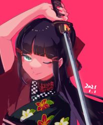 Rule 34 | 1girl, advantageous (pixiv86744141), aqua eyes, artist name, artist request, black hair, blush, bow, female focus, floral print, flower print, green eyes, hair ornament, hairclip, holding, holding sword, holding weapon, japanese clothes, katana, kimono, kurosawa dia, long hair, looking at viewer, love live!, love live! sunshine!!, lowres, mole, mole under mouth, one eye closed, parted lips, red bow, smile, solo, sword, upper body, weapon
