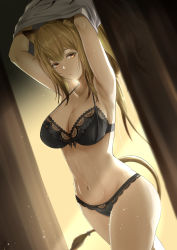 Rule 34 | 1girl, animal ears, arknights, armpits, arms up, backlighting, bare shoulders, black bra, black panties, bra, breasts, brown hair, cleavage, clothes lift, collarbone, highres, lace, lace-trimmed bra, lace-trimmed panties, lace trim, large breasts, lifting own clothes, lion ears, lion girl, lion tail, long hair, looking at viewer, navel, nev (nevblindarts), orange eyes, panties, parted lips, shirt, shirt lift, sidelocks, siege (arknights), solo, stomach, tail, thighs, underwear, underwear only, undressing, white shirt