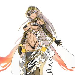 Rule 34 | abs, bikini, black bikini, blue eyes, breasts, chain, collar, crown, cuffs, elbow gloves, fate/grand order, fate (series), gloves, gold chain, grey hair, highres, jewelry, large breasts, long hair, shackles, solo, suzuki gamelove, swimsuit, tan, thighhighs, thong, torn clothes, zenobia (fate)