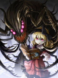 Rule 34 | 1girl, blonde hair, book, bow, bug, dress, drill hair, earrings, grimoire, hair bow, hair ornament, hairband, jewelry, magic circle, monster, open book, open mouth, original, pointing, red eyes, saliva, short hair, smile, solo, star (symbol), star earrings, ume (illegal bible)