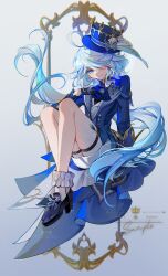 Rule 34 | 1girl, absurdres, ahoge, arm support, ascot, asymmetrical gloves, black footwear, black gloves, blue ascot, blue coat, blue eyes, blue hair, blue hat, bow, chinese commentary, coat, commentary request, floating hair, footwear bow, from side, full body, furina (genshin impact), genshin impact, gloves, hair over one eye, hand on own chest, hand up, hat, hat ornament, highres, knees up, legs together, long sleeves, looking at viewer, mismatched gloves, multicolored hair, one eye covered, sample watermark, shoes, short hair with long locks, shorts, simple background, sitting, smile, solo, streaked hair, thigh strap, top hat, two-tone hair, watermark, white background, white gloves, white hair, white shorts, yin01582942